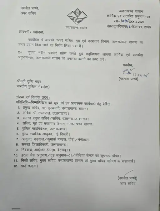उत्तराखंड में 15 आईपीएस अधिकारियों के तबादले:तृप्ति भट्ट को अपर सचिव गृह की जिम्मेदारी, फायर पुलिस अधीक्षक का भी प्रभार 6 whatsapp image 2025 12 12 at 60902 pm 1765543278